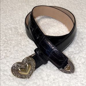 Black leather belt w silver and gold heart buckle